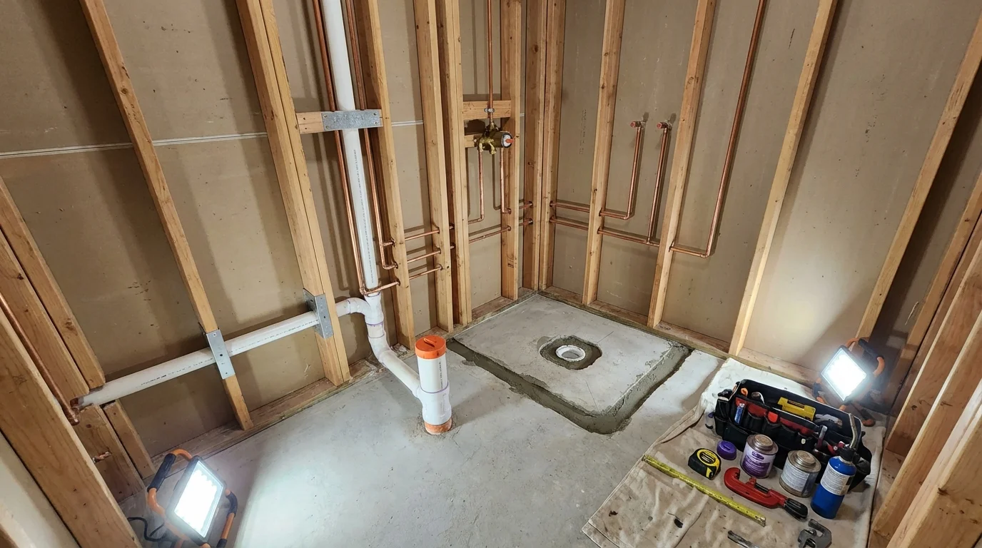 Bathroom rough-in plumbing during remodel by Johns Plumbing LLC in Kaplan