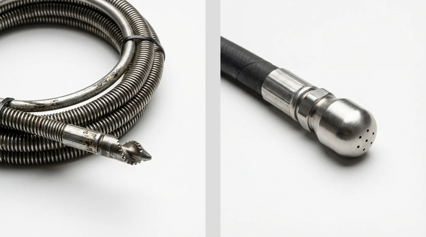 Drain snake cable and hydro jetting nozzle used for drain cleaning in Kaplan, LA