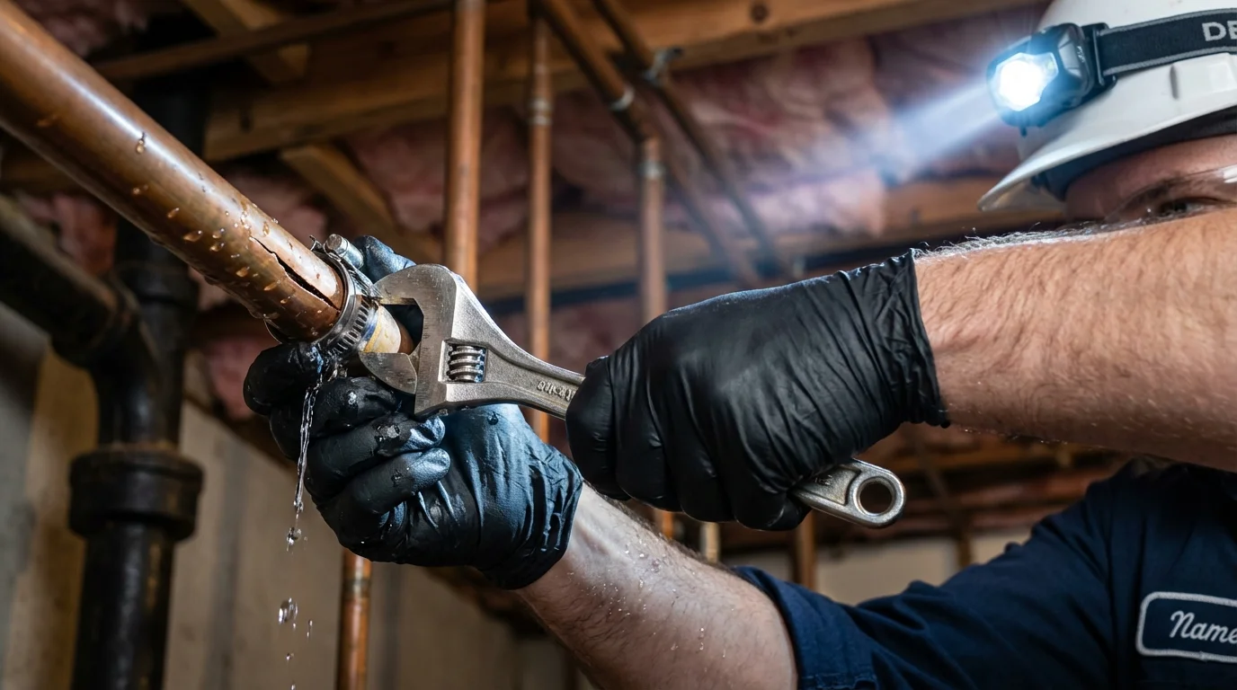 Emergency pipe clamp repair being performed by a Johns Plumbing LLC plumber in Kaplan