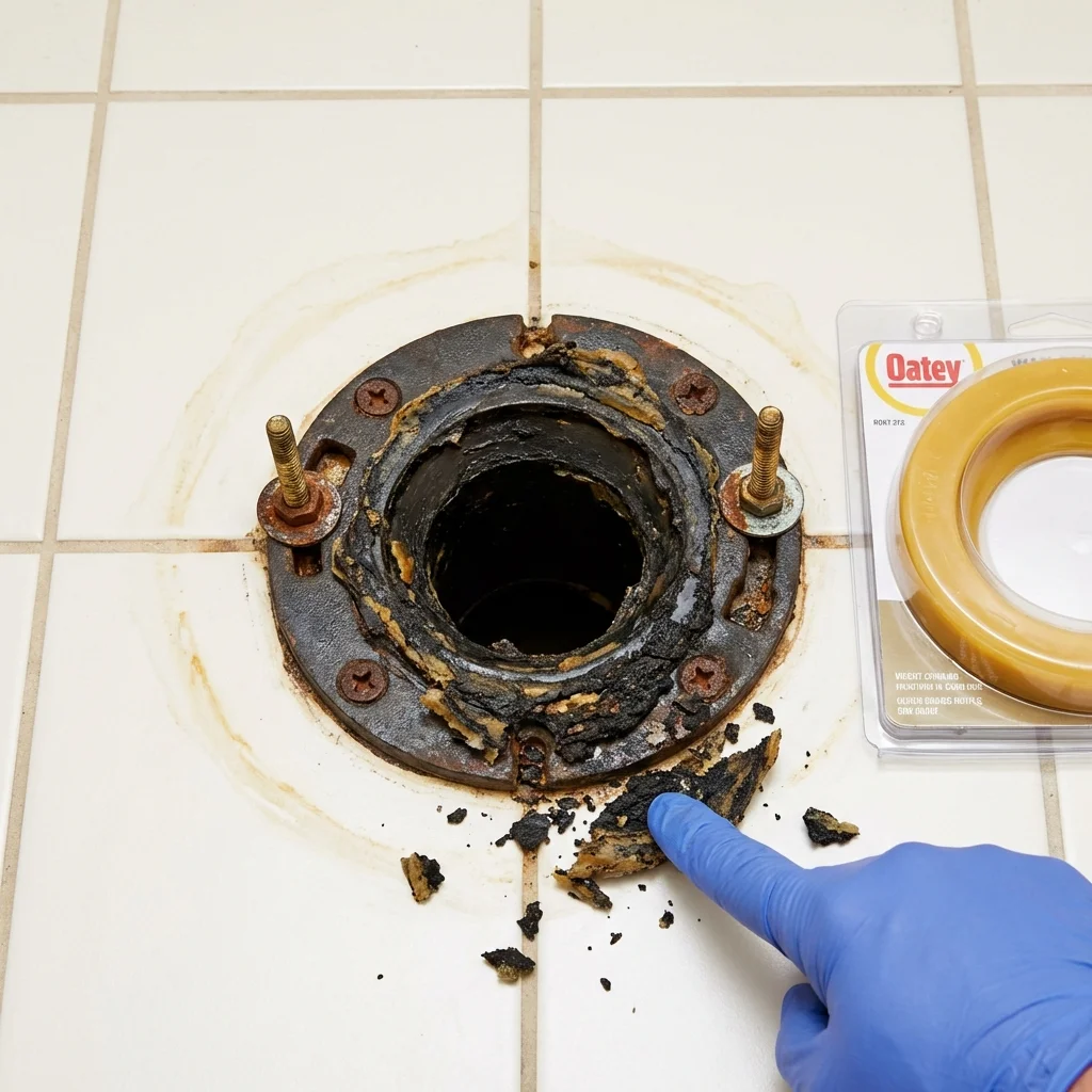 Failed wax ring showing water seepage at the base of a toilet in a Kaplan, LA home