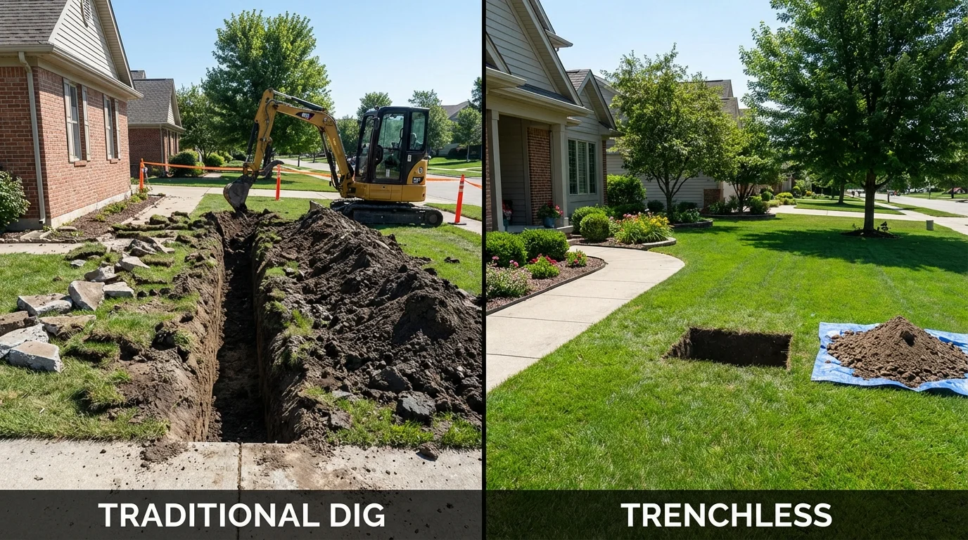 Trenchless sewer repair with minimal yard damage versus traditional excavation in Kaplan, LA