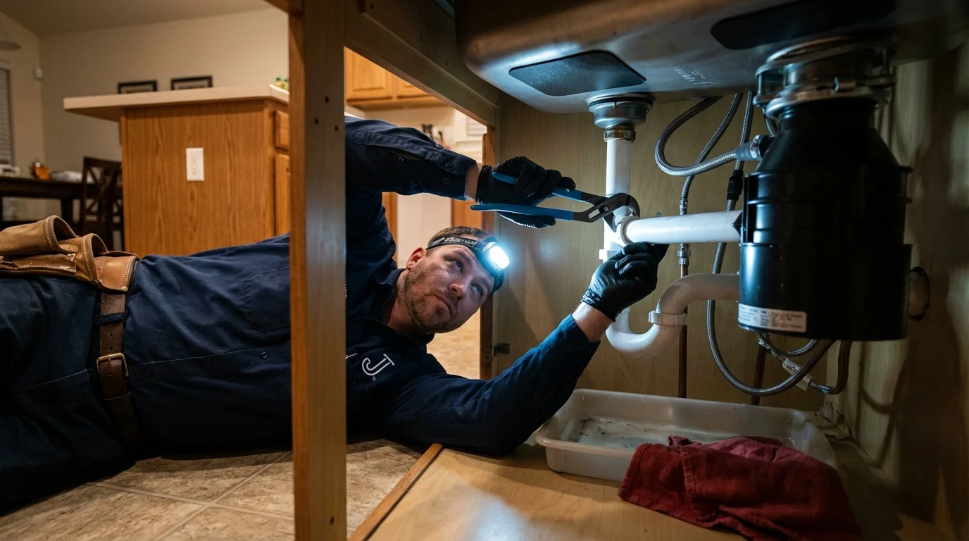 P-trap and supply line connections under a kitchen sink showing a common leak point in Kaplan, LA